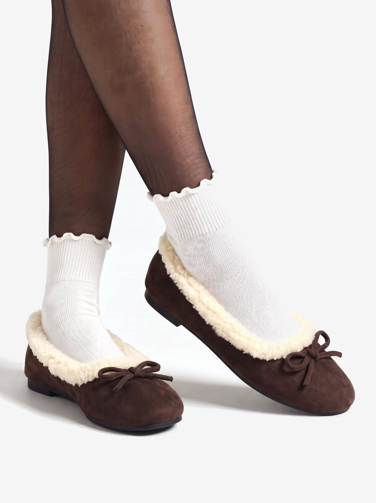 The Courchevel Flat — Chocolate, worn with sheer tights and ruffle socks