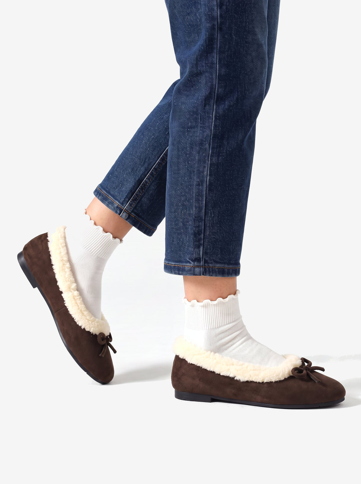 The Courchevel Flat — Chocolate, worn with ruffle socks