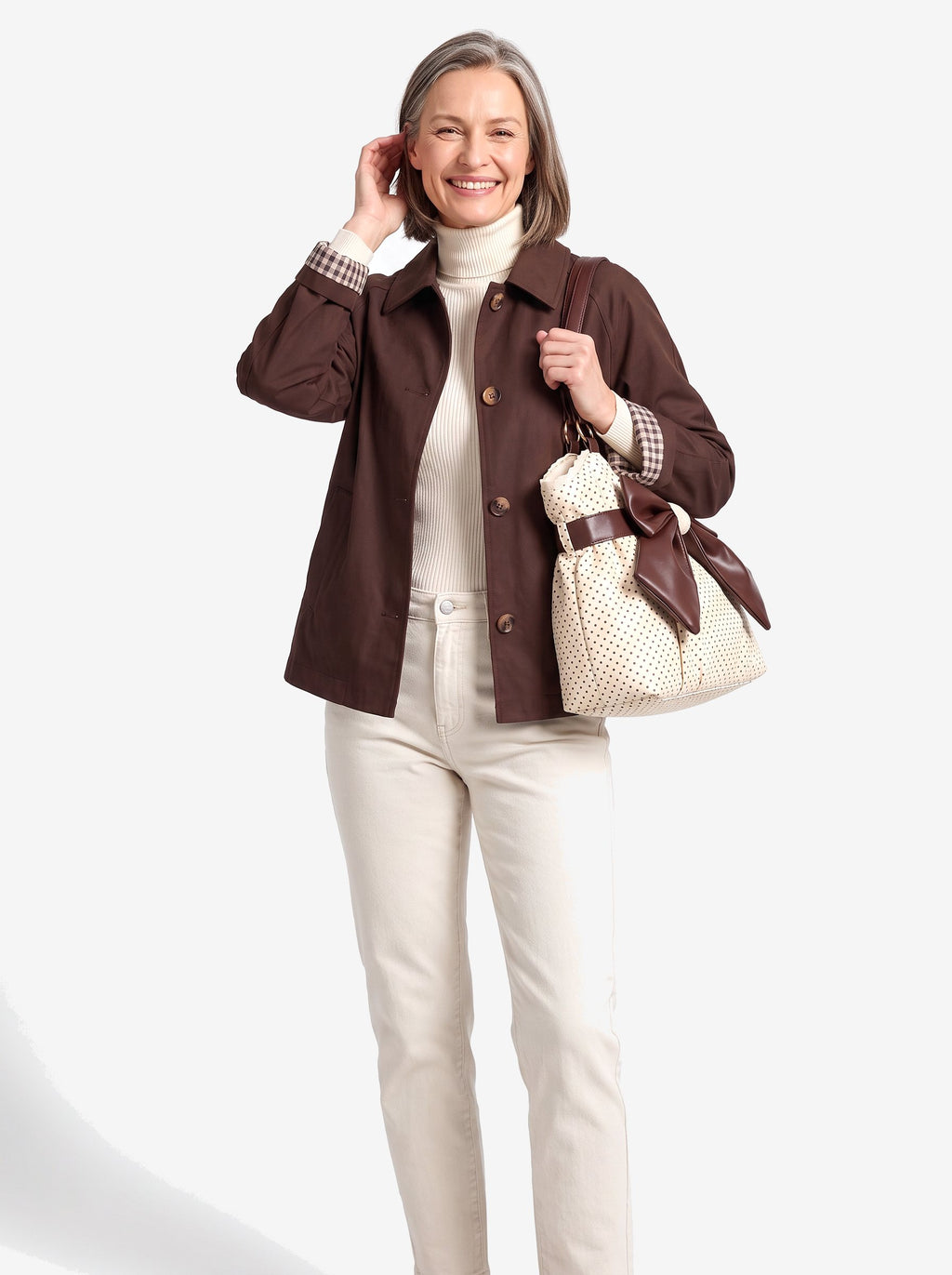 The Paris Bow Tote — Cream, worn with The London Trench