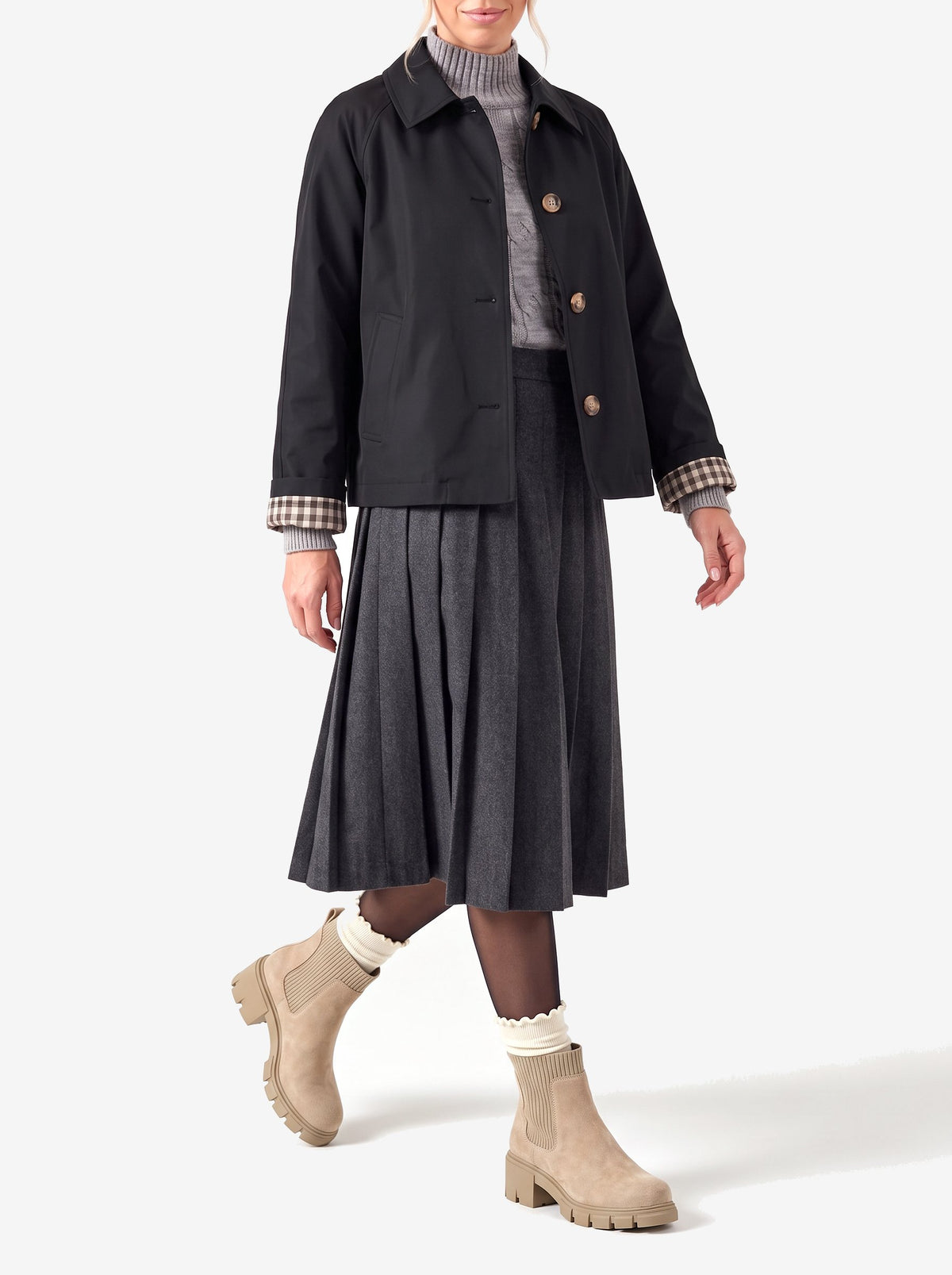 The Vienna Boot — Khaki, worn with The London Trench and ruffle socks