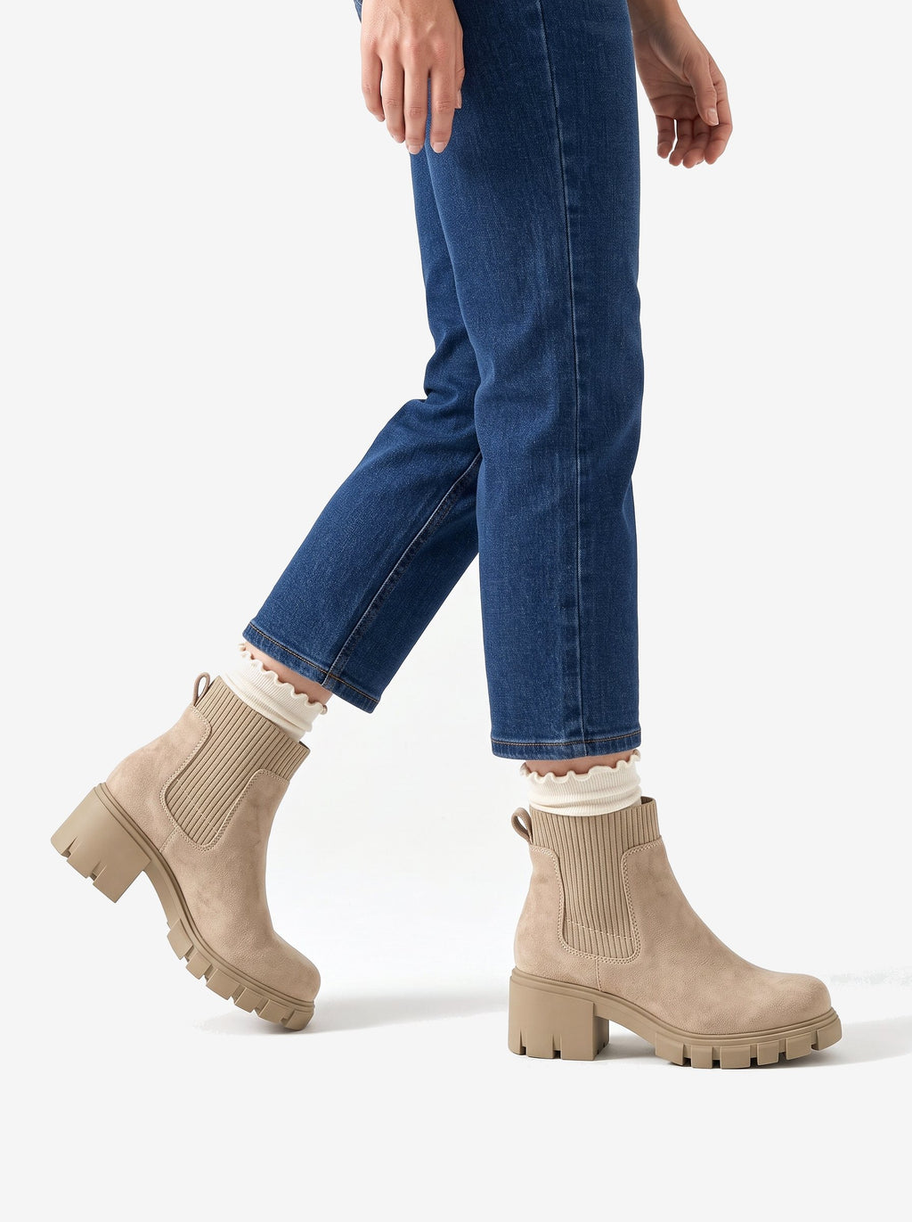 The Vienna Boot — Khaki, worn with ruffle socks