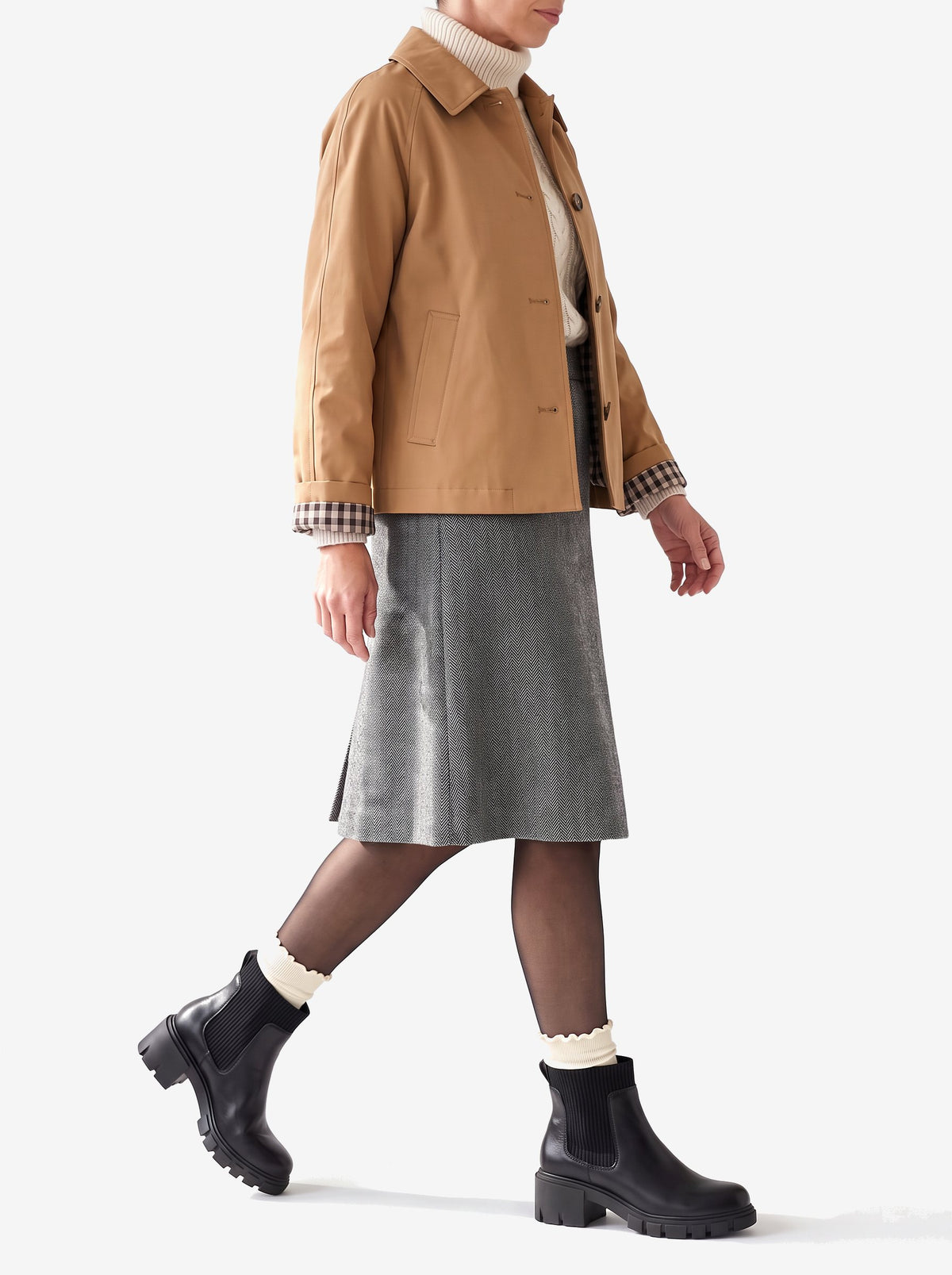 The Vienna Boot — Black, worn with The London Trench and ruffle socks