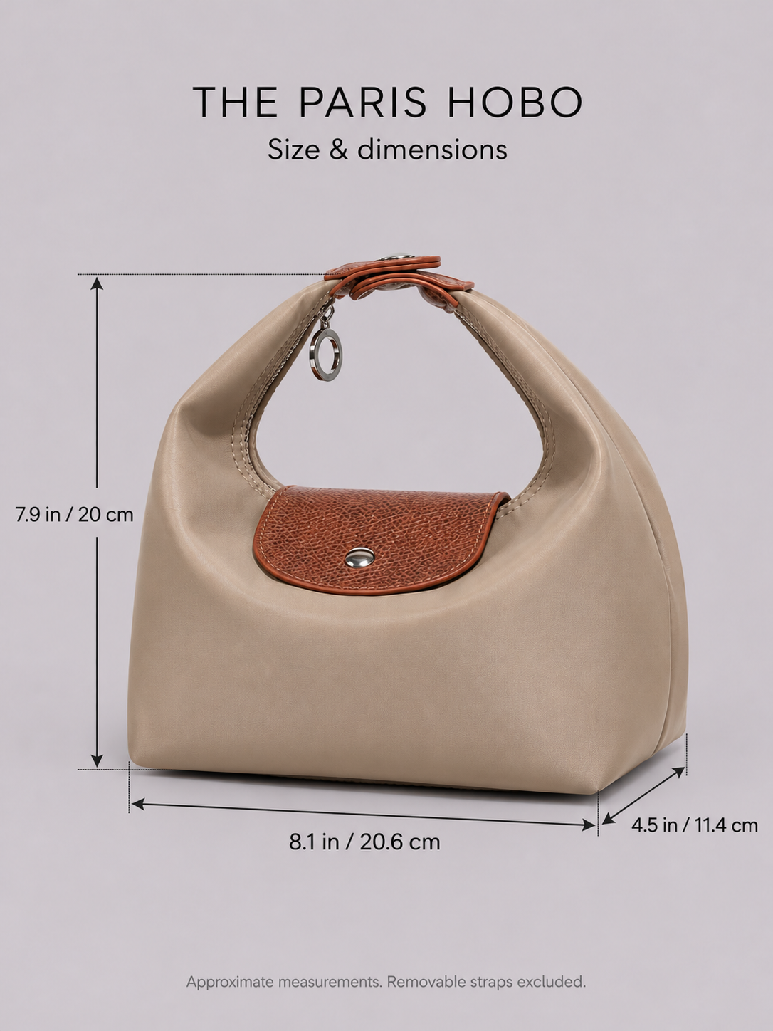 The Paris Hobo — size and dimensions, 8.1 by 7.9 by 4.5 inches