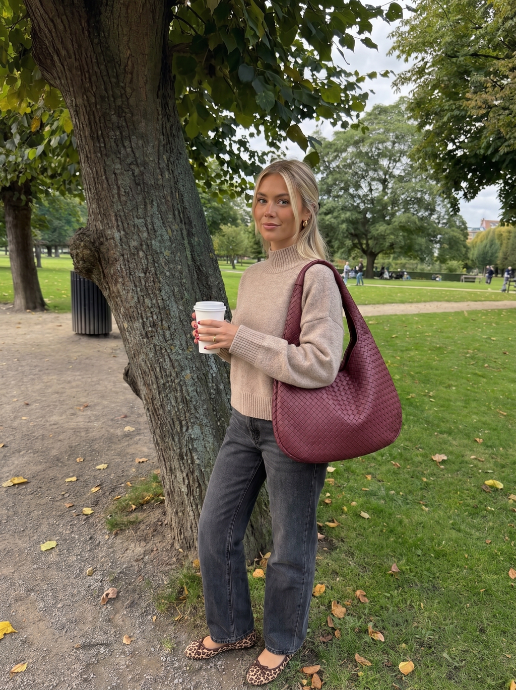 The Capri Flat in Leopard Suede, worn with the Autumn Bag