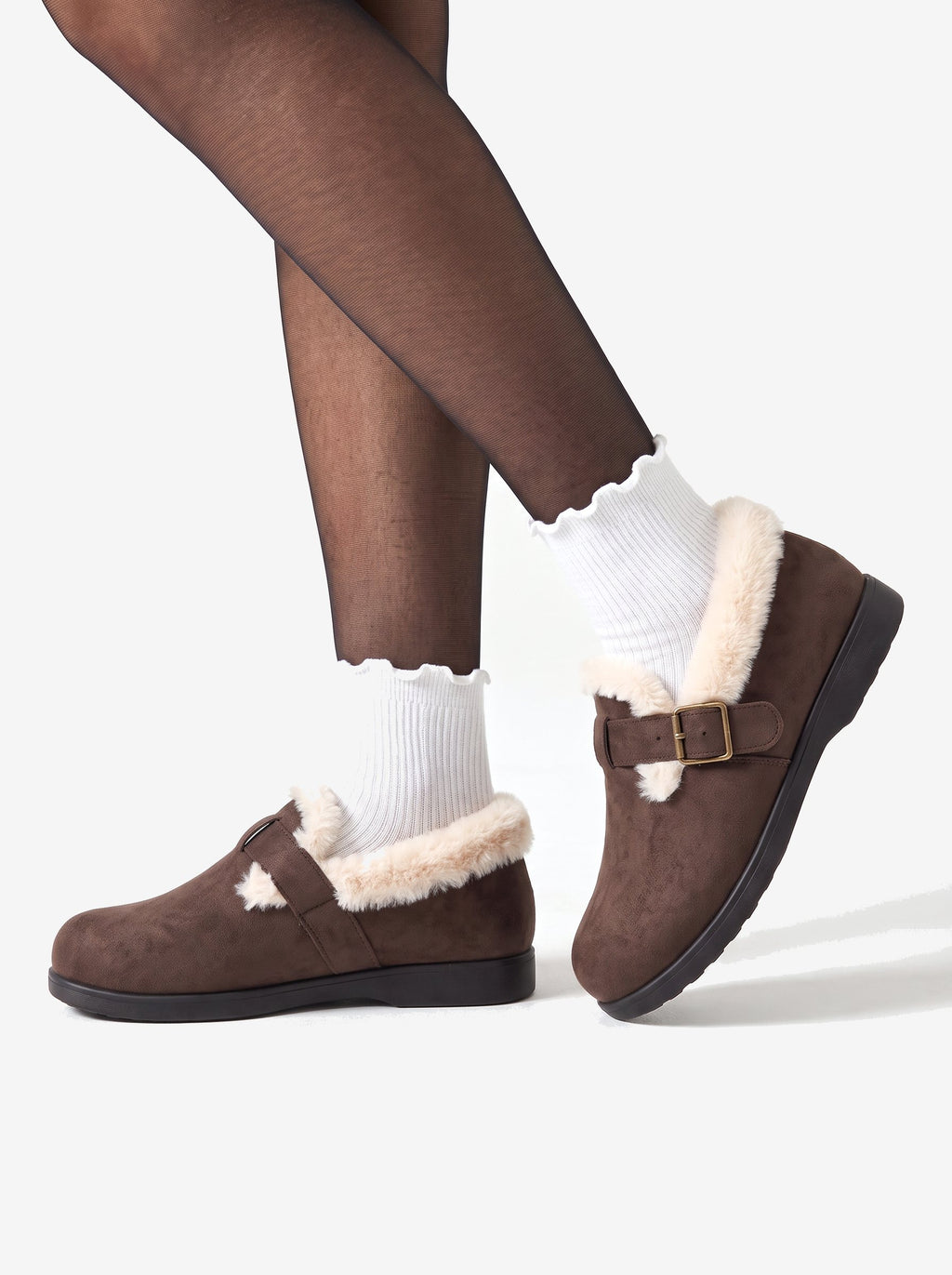 The Courchevel Clog, Chocolate, worn with sheer tights and ruffle socks