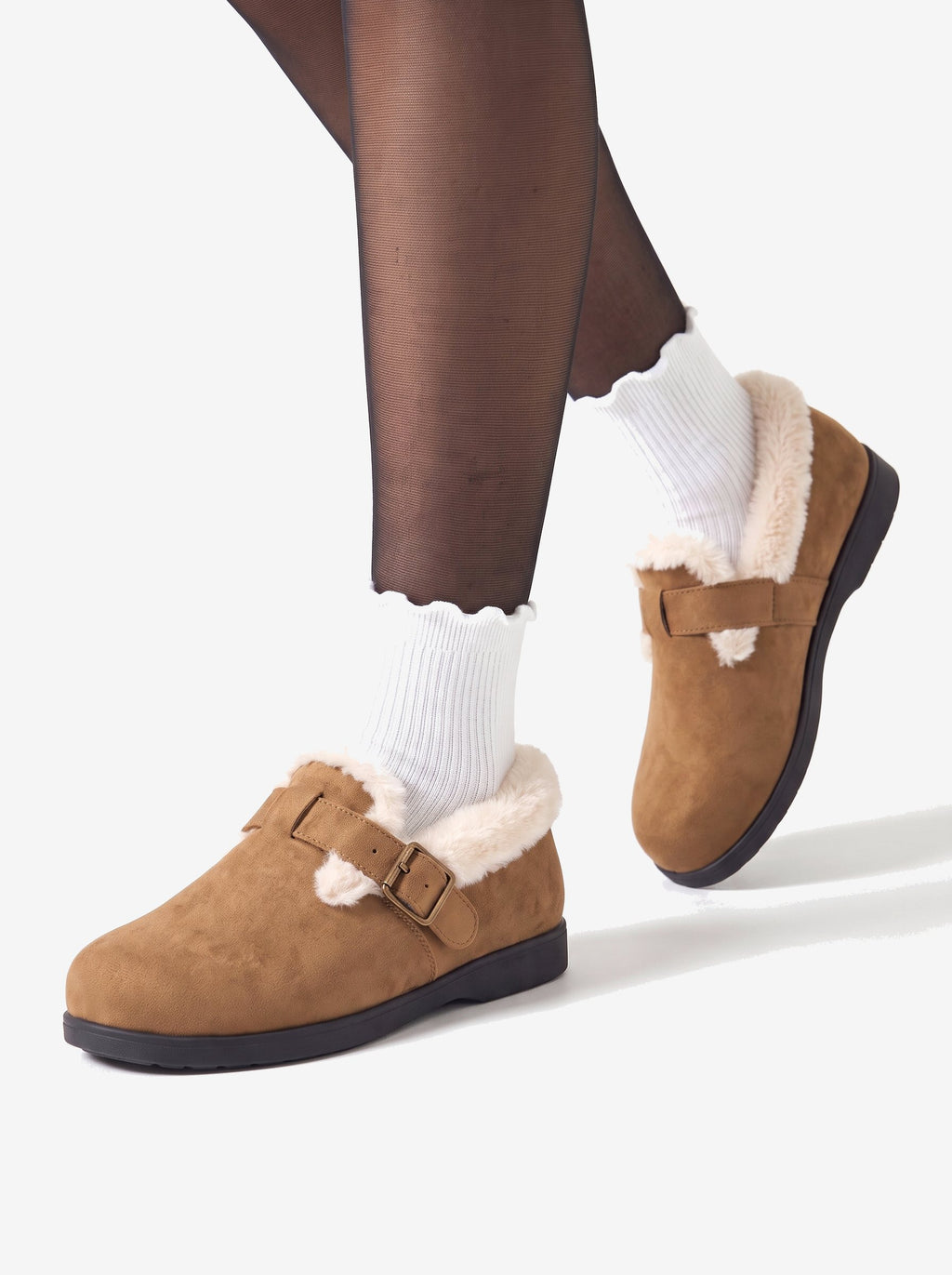 The Courchevel Clog, Camel, worn with sheer tights and ruffle socks