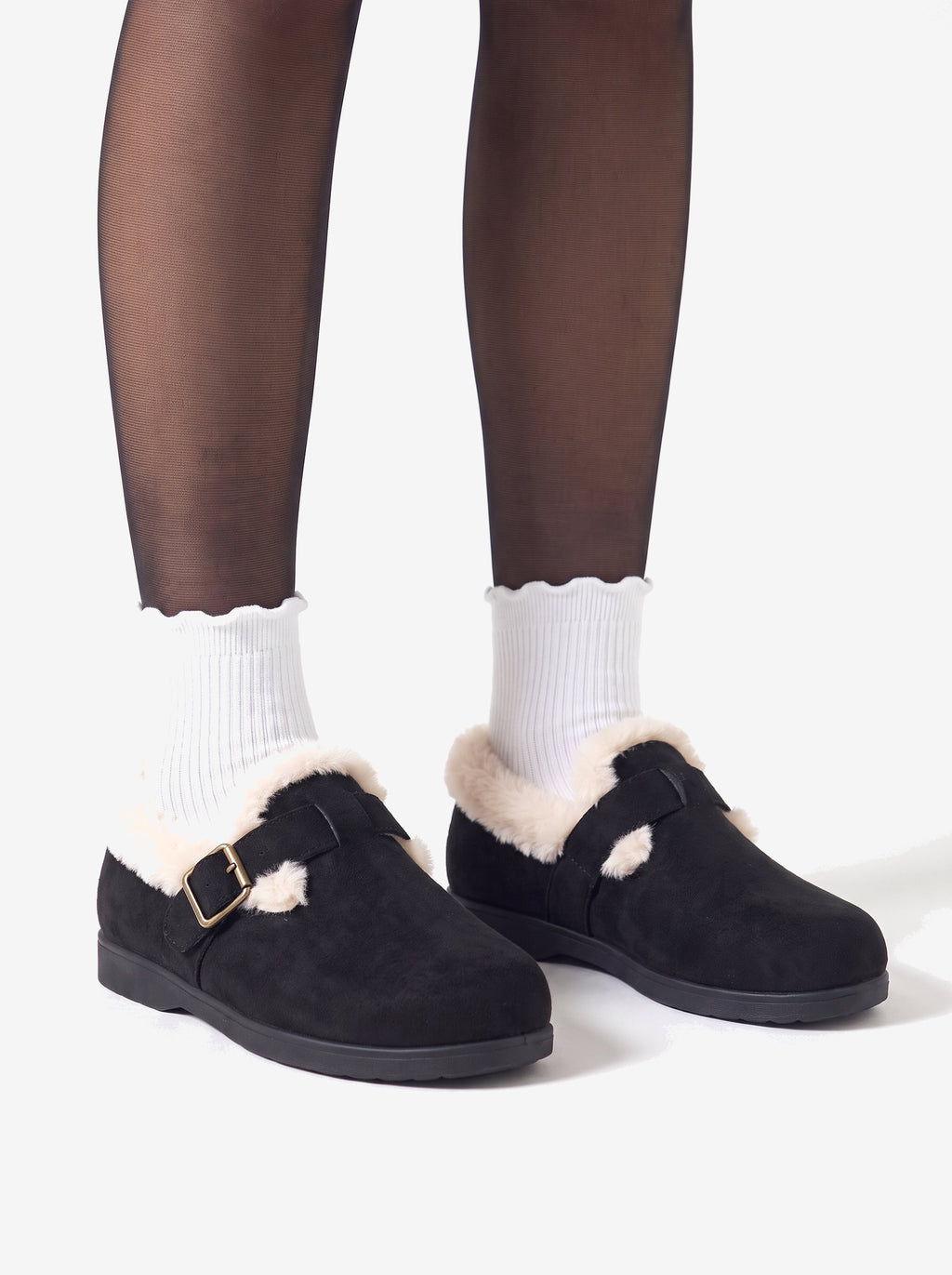 The Courchevel Clog, Black, worn with sheer tights and ruffle socks