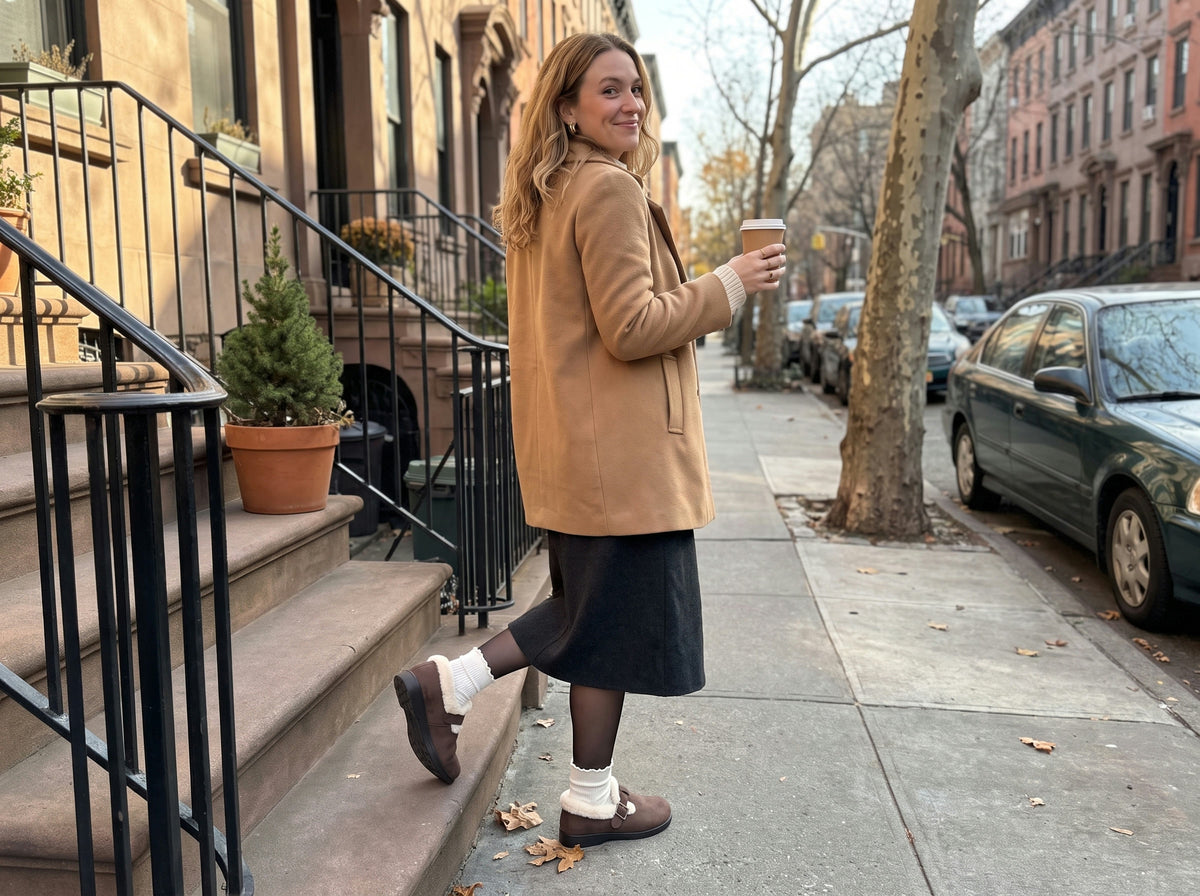 A woman walks down a brownstone stoop in chocolate faux-fur clogs, her heel lifting inside the closed back
