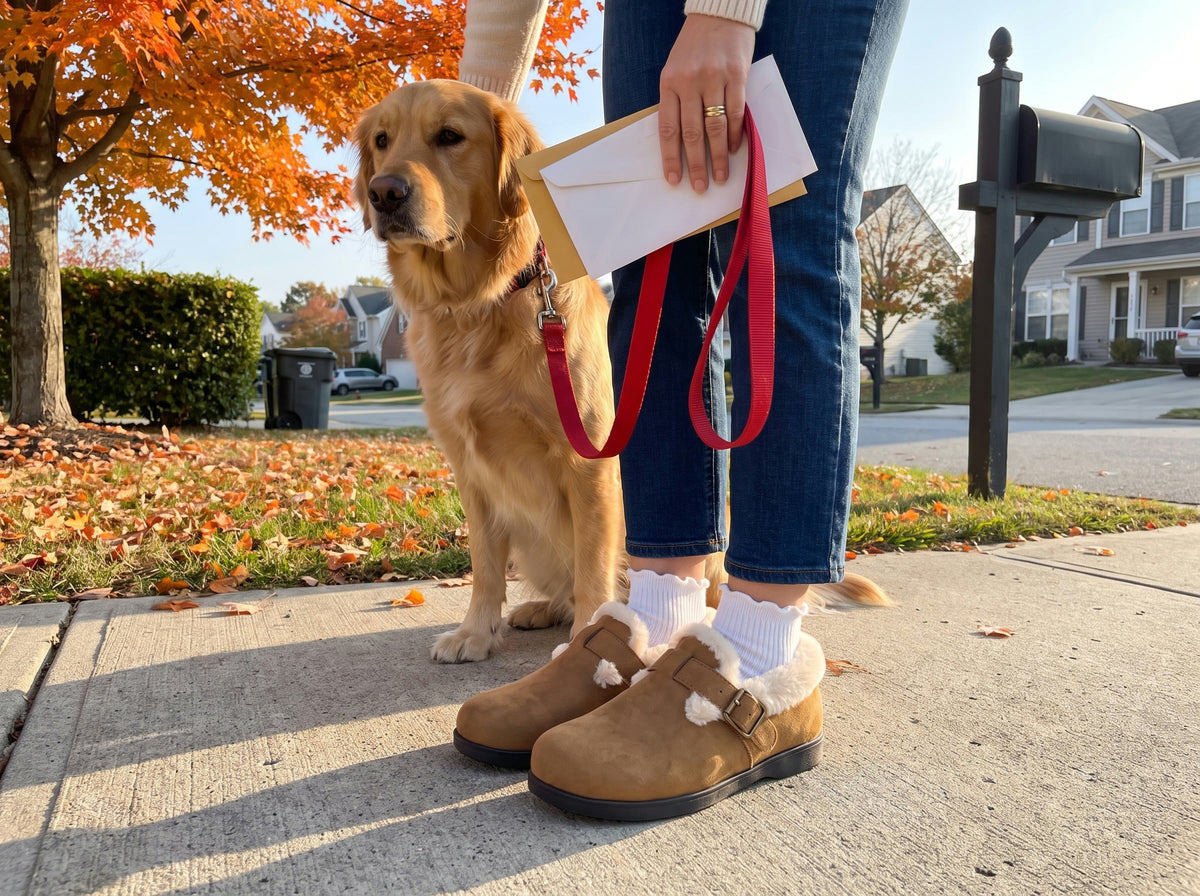At the mailbox with her golden retriever, camel faux-fur clogs with a closed back over ruffle socks