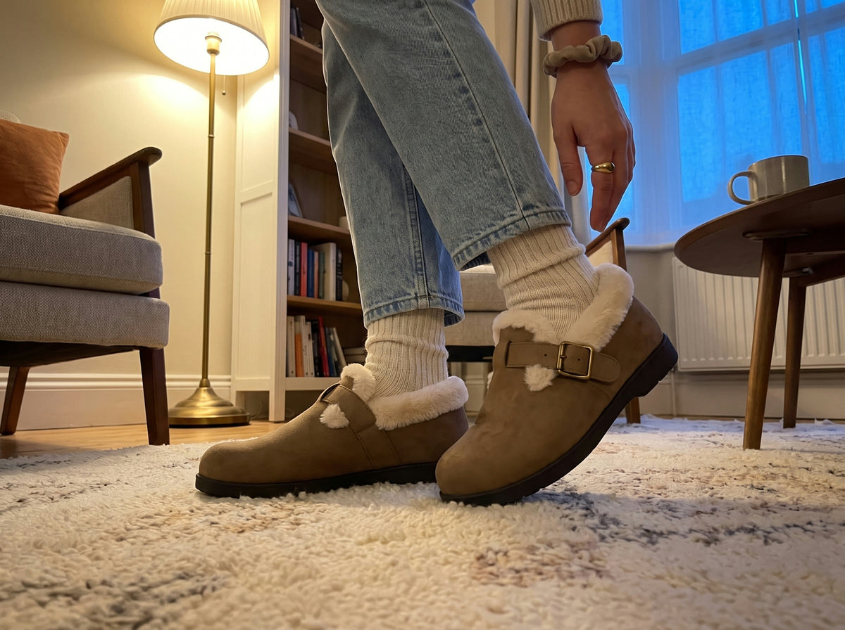 Trying on mushroom faux-fur clogs with a closed back over wool socks on the living room rug