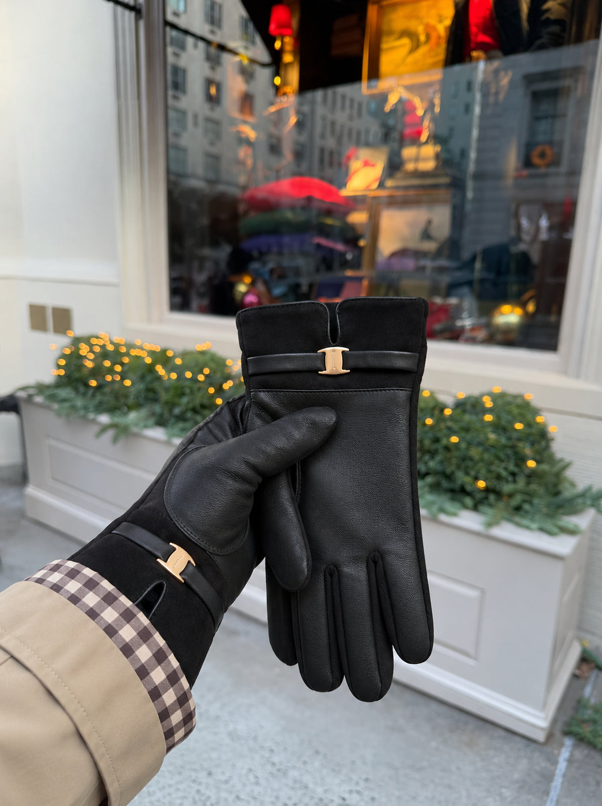 The Courchevel Glove — Black, with a trench coat on the street