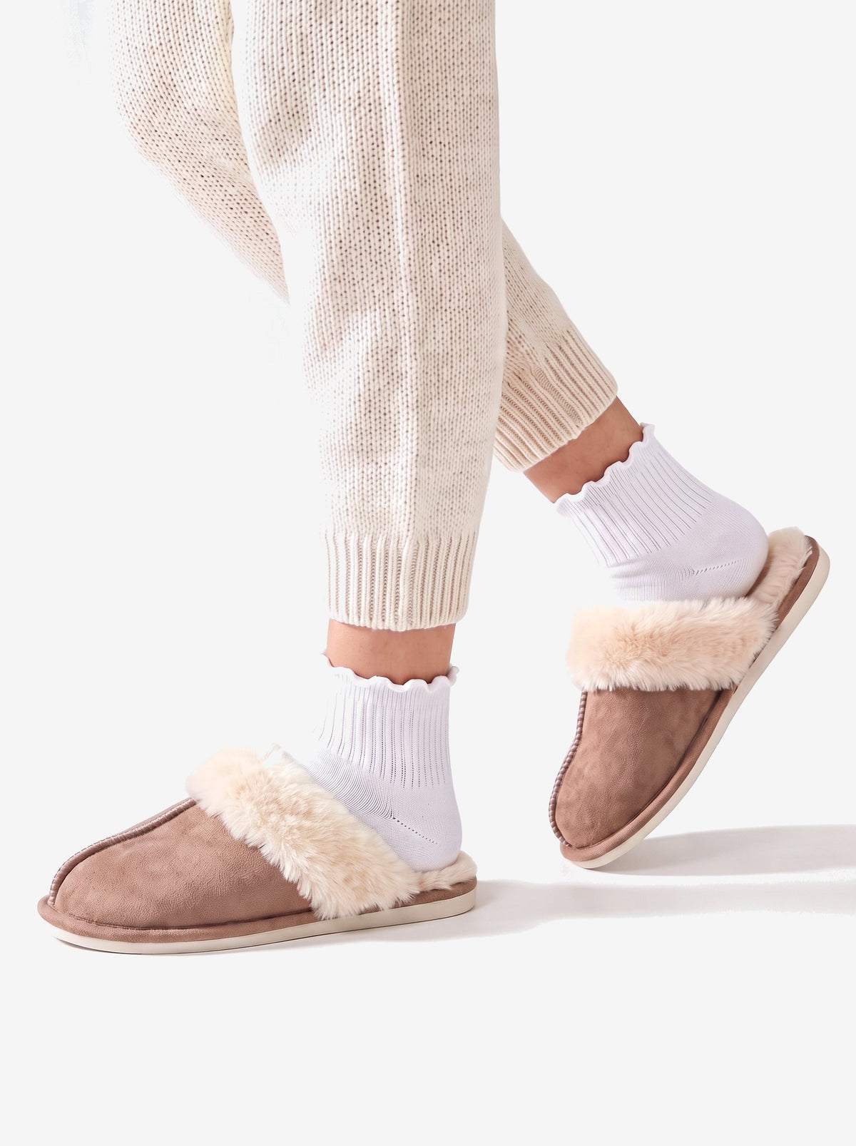 The Courchevel Slipper in Taupe, the low open back mid step
