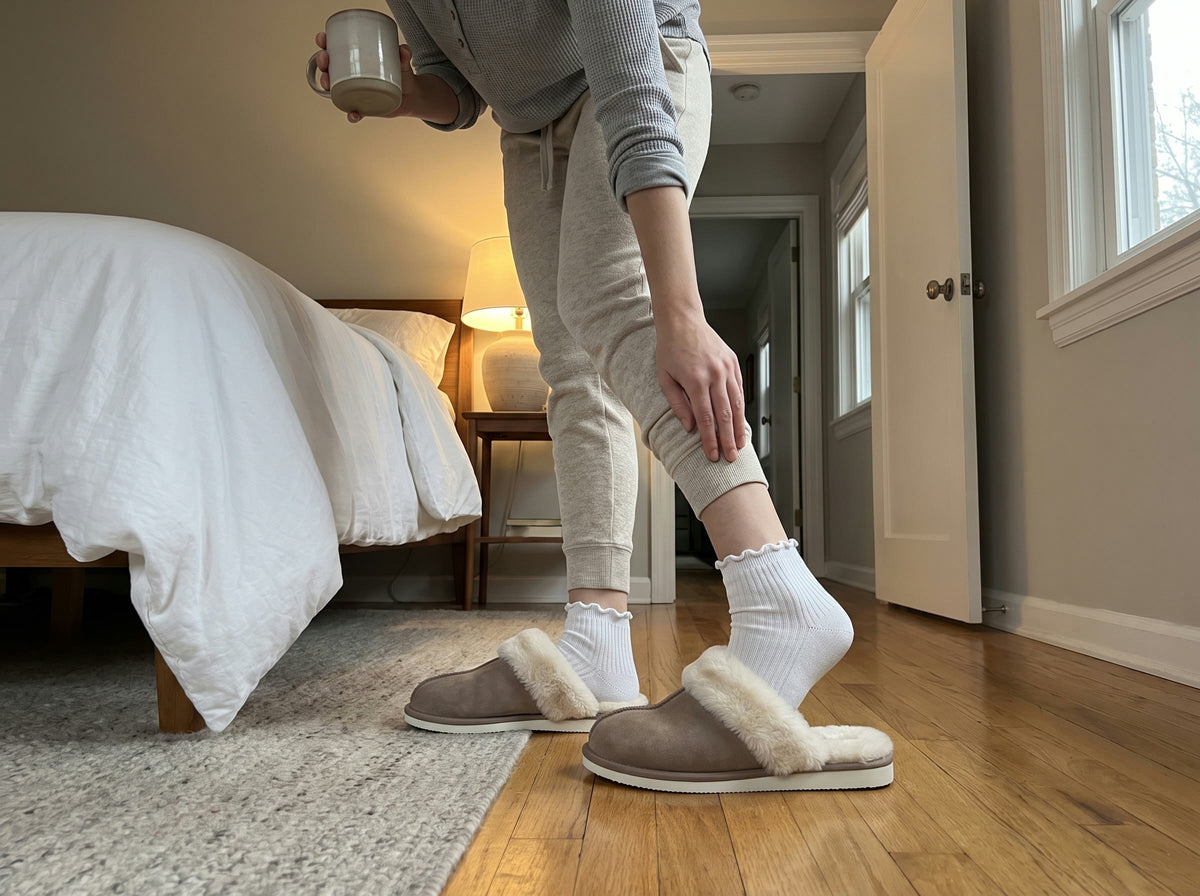 Stepping into a Taupe Courchevel Slipper through the open back, coffee in hand