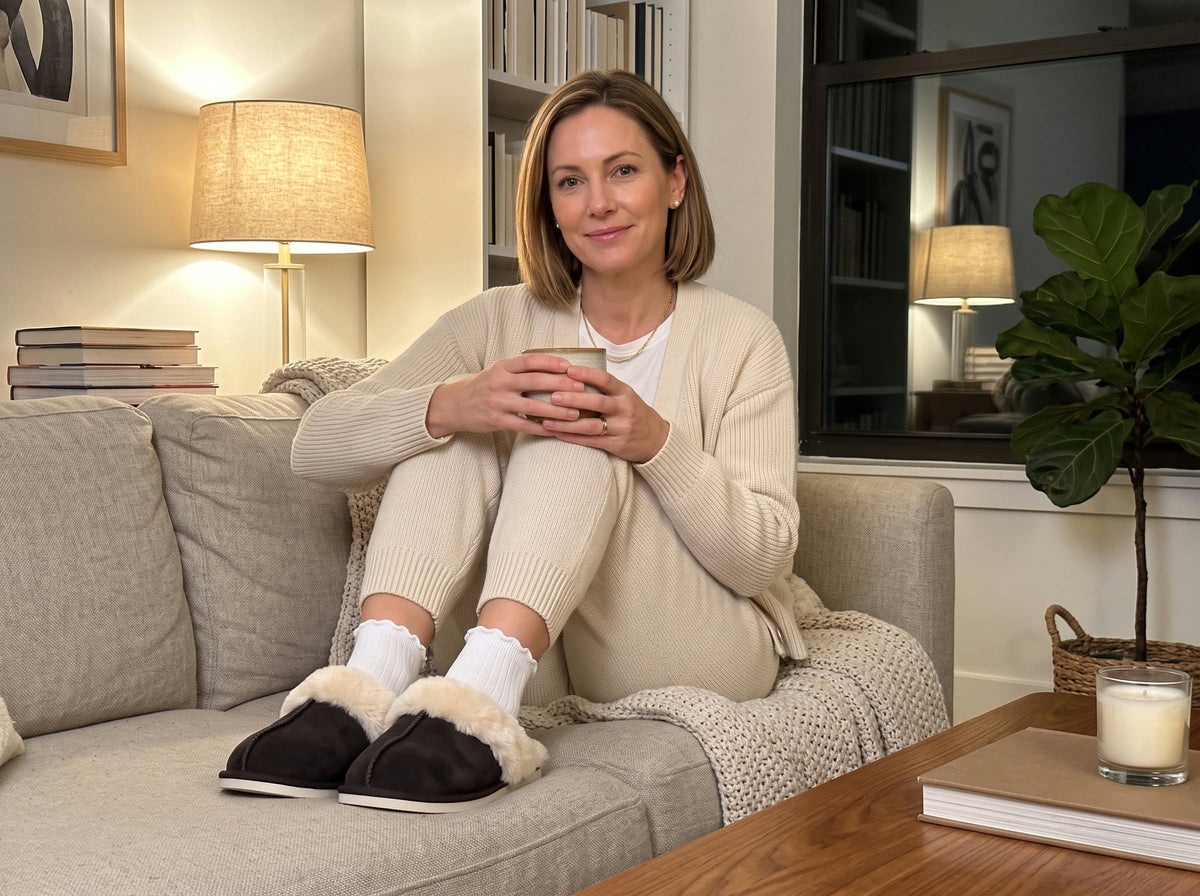 A woman on the sofa with tea, wearing Espresso Courchevel Slippers and white ruffle socks