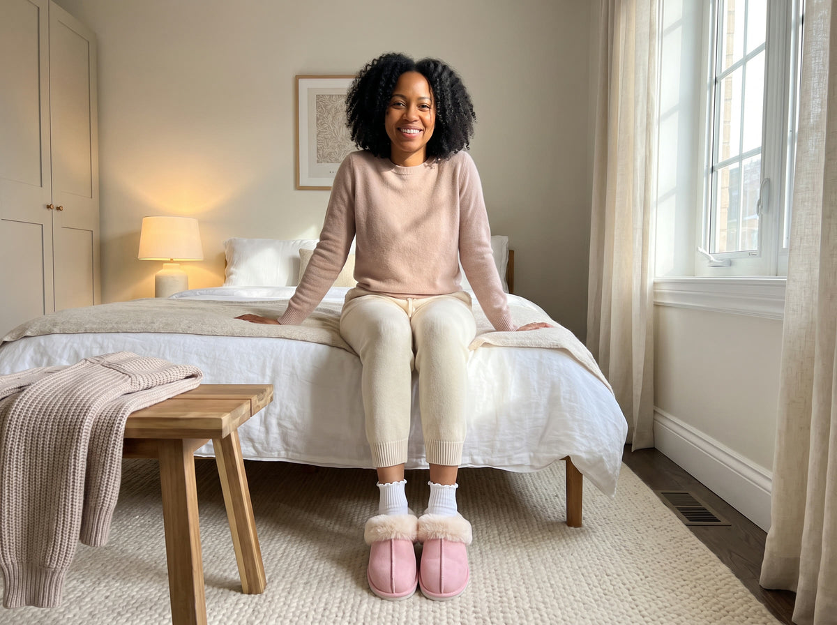 Trying on Pink Courchevel Slippers at home, sitting on the edge of the bed