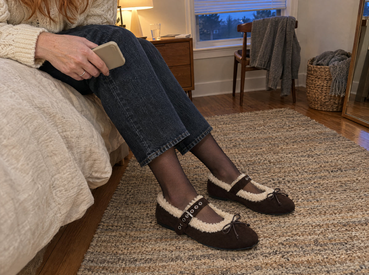 A woman sits on the edge of her bed at home trying on the New York Mary Jane in Chocolate over sheer tights