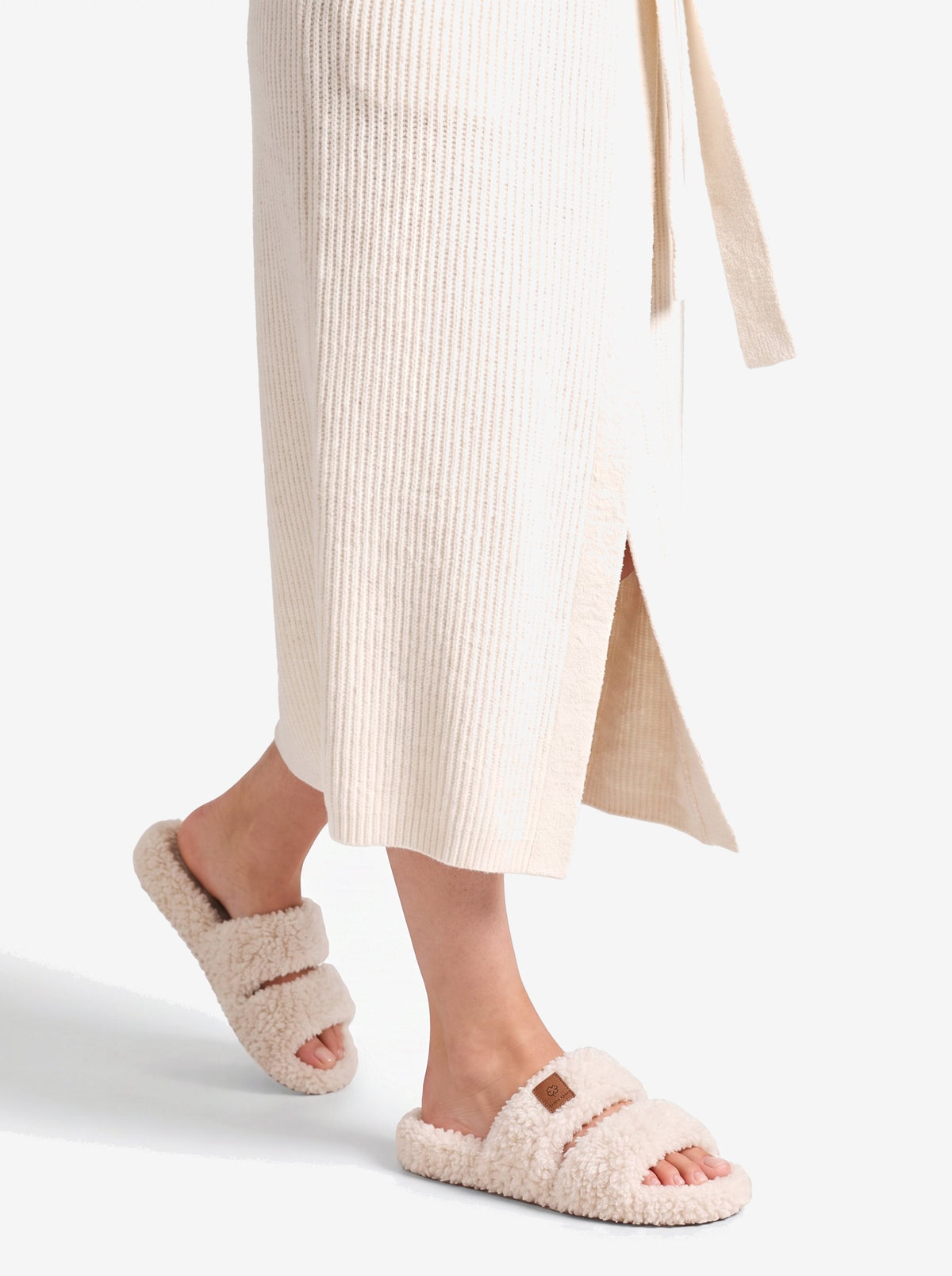 The New York Robe — Ivory, the rib knit at the hem, with The New York Slipper in Cream