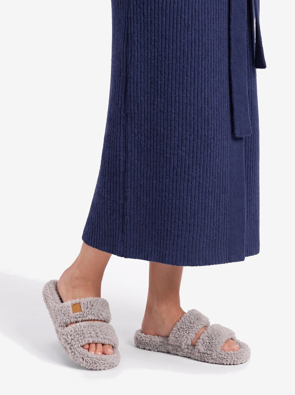 The New York Robe — Navy, the rib knit at the hem, with The New York Slipper in Gray