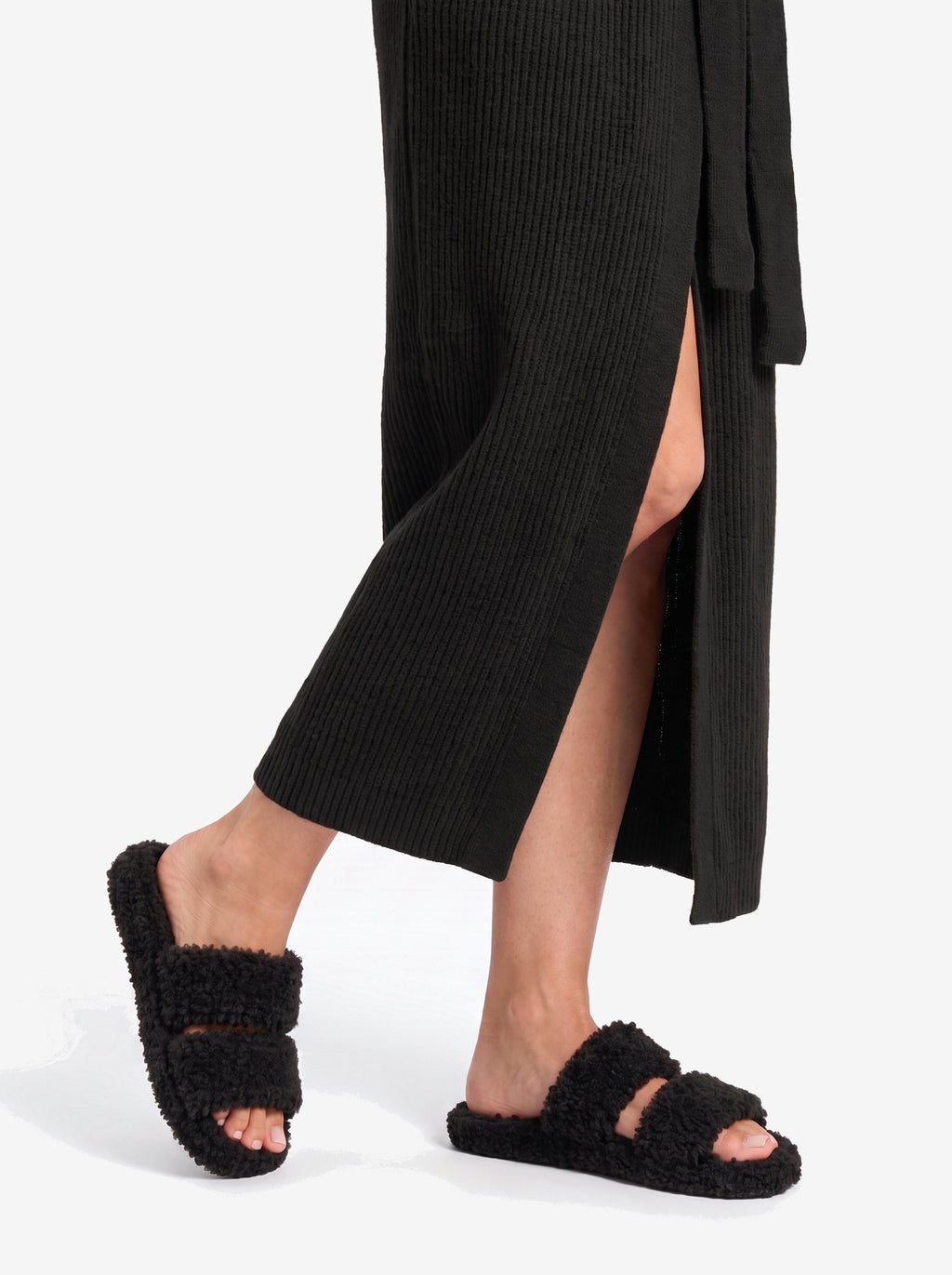 The New York Robe — Black, the rib knit at the hem, with The New York Slipper in Black