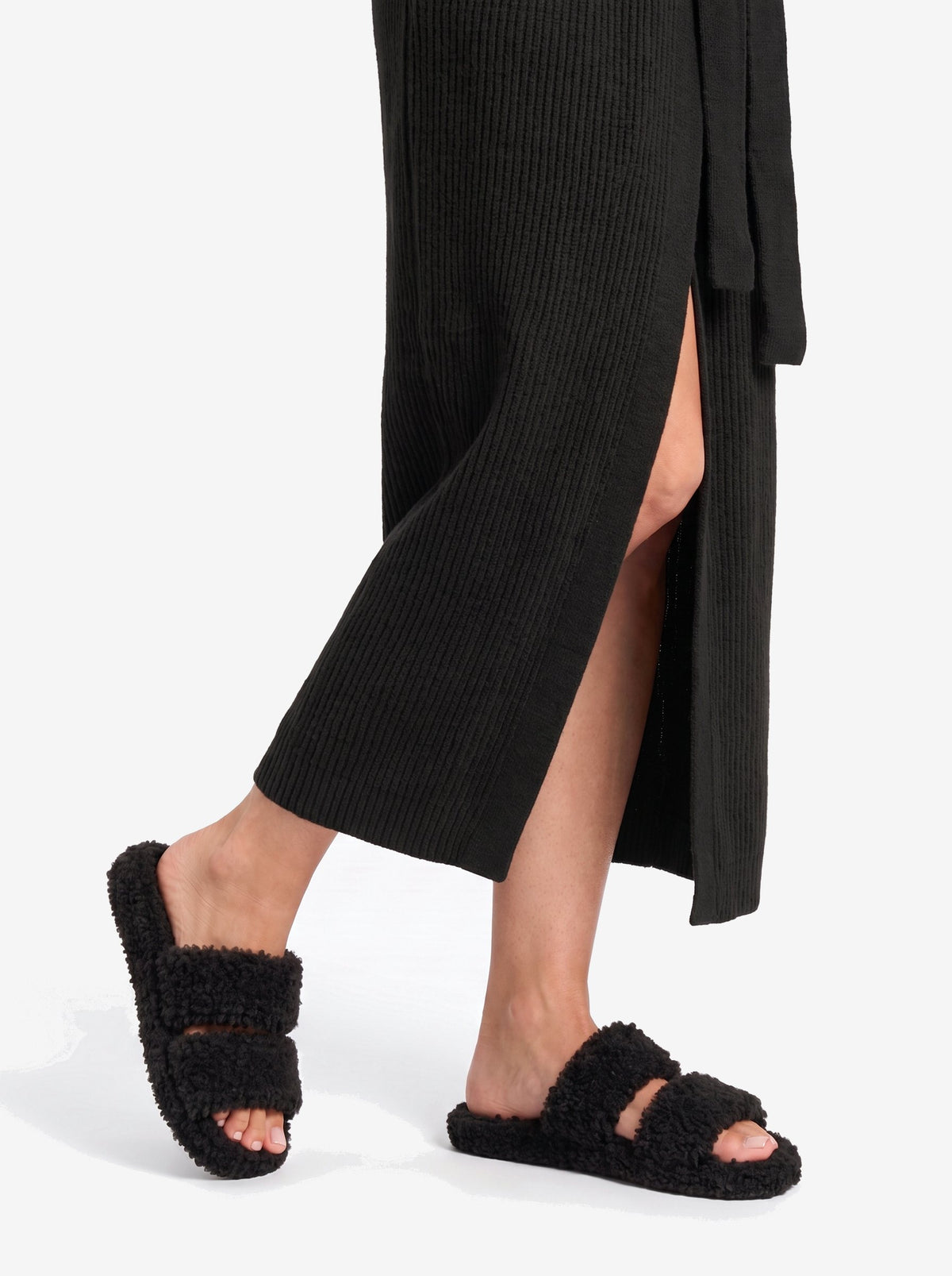 The New York Robe — Black, the rib knit at the hem, with The New York Slipper in Black