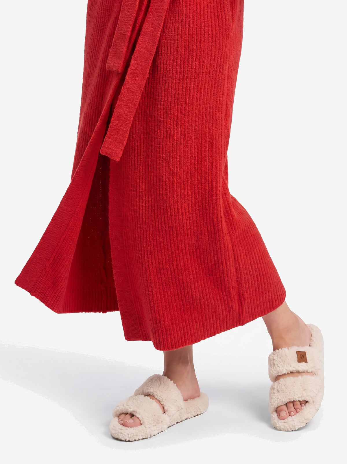 The New York Robe — Red, the rib knit at the hem, with The New York Slipper in Cream