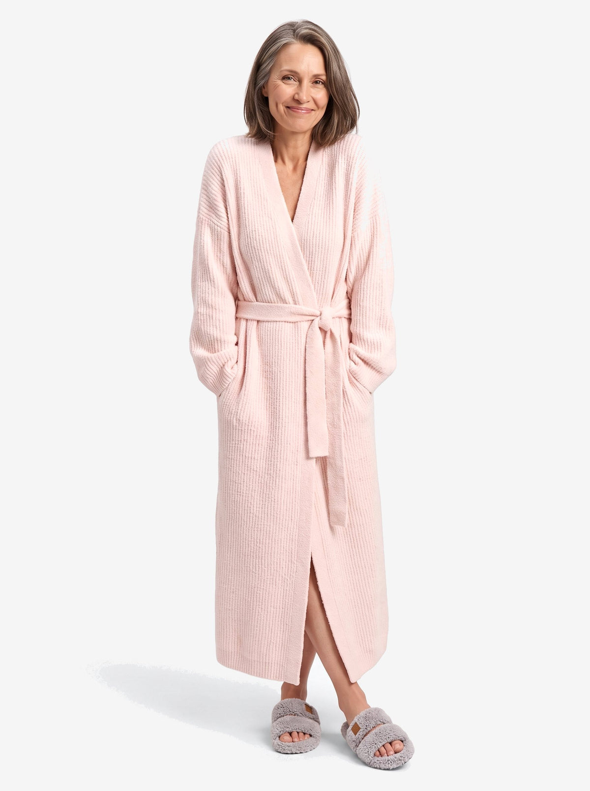 The New York Robe — Pink, with The New York Slipper in Gray