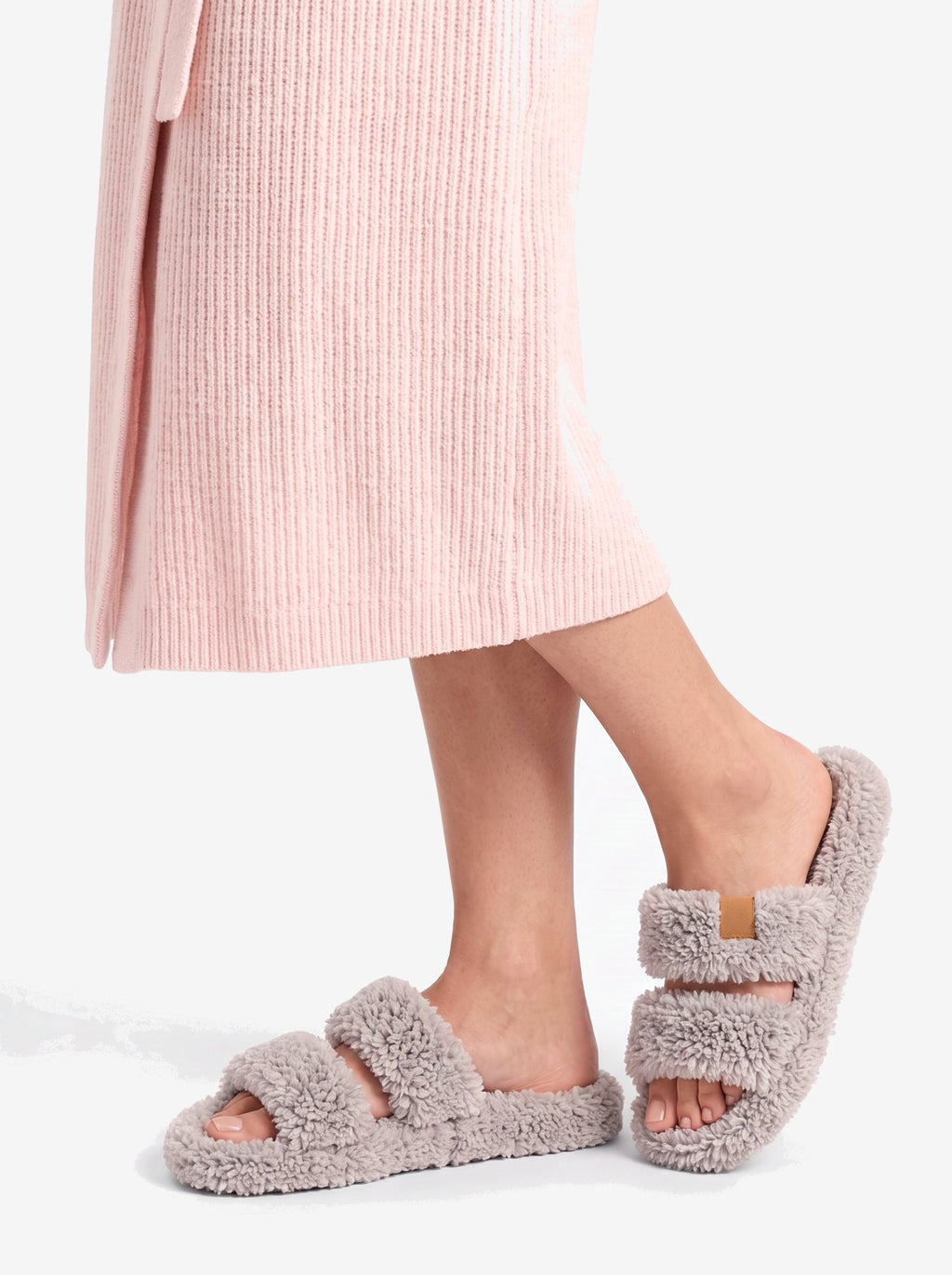 The New York Robe — Pink, the rib knit at the hem, with The New York Slipper in Gray