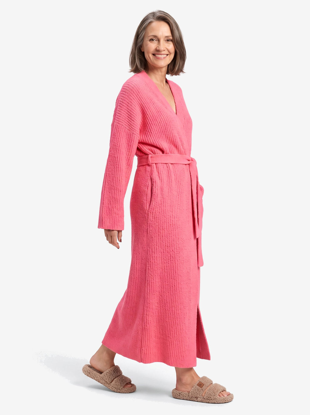 The New York Robe — Watermelon, with The New York Slipper in Coffee