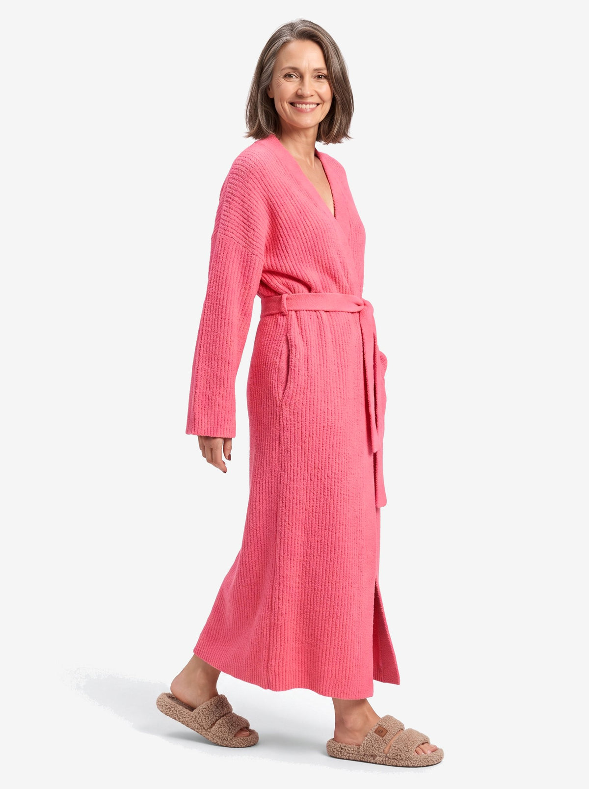 The New York Robe — Watermelon, with The New York Slipper in Coffee