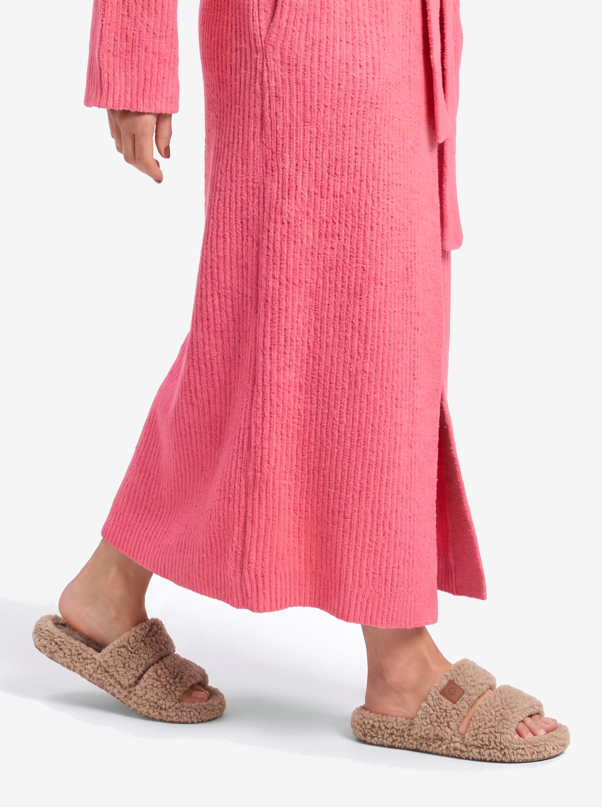 The New York Robe — Watermelon, the rib knit at the hem, with The New York Slipper in Coffee