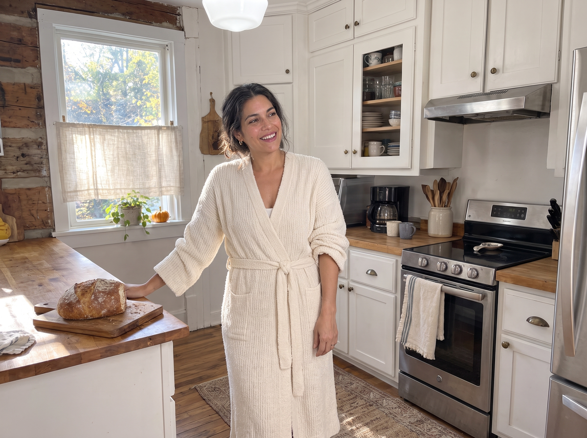 The New York Robe in Ivory, belted in a sunny kitchen, the rib knit and a pushed up sleeve