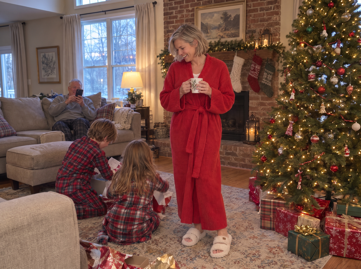 The New York Robe in Red with The New York Slipper in Cream on Christmas morning, family around the tree
