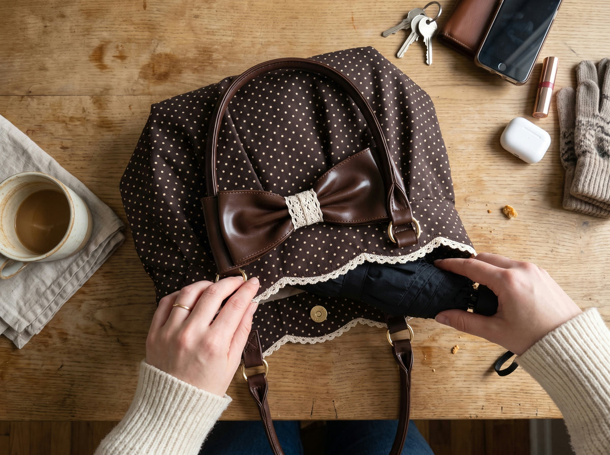 The Paris Bow Tote in Chocolate open on a kitchen table, a folding umbrella going in next to keys, wallet, phone, earbuds, lipstick and gloves