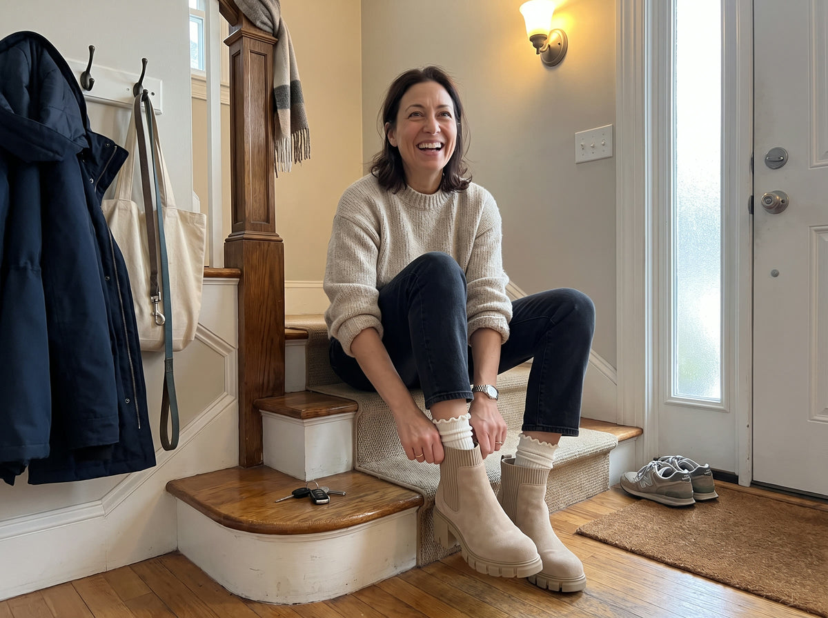 A woman sits on her staircase and pulls on the Vienna Boot in Khaki over a white ruffle sock